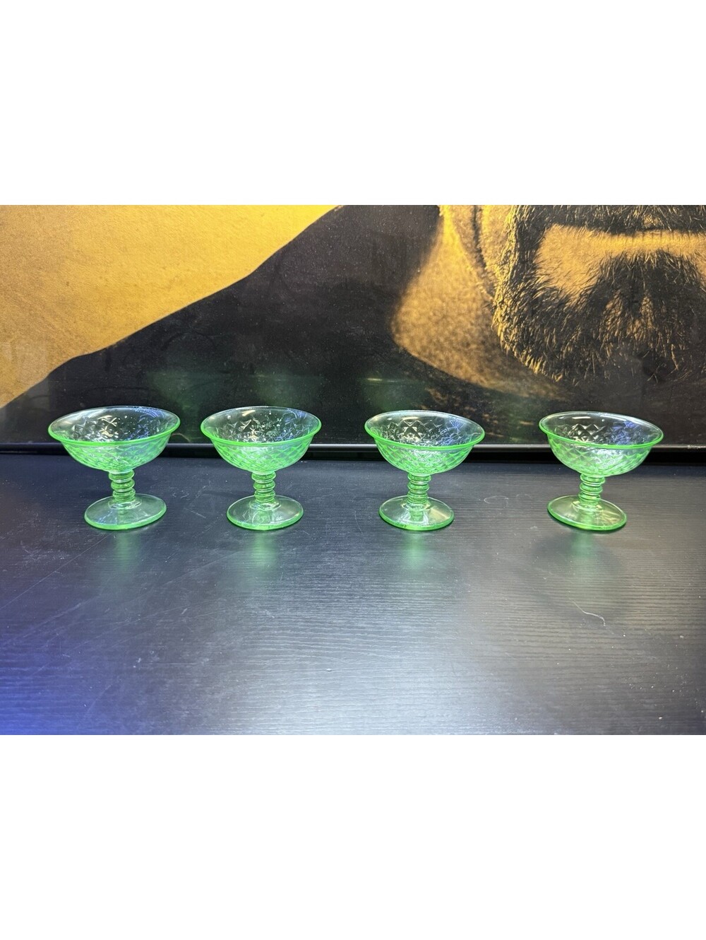 Anchor Hocking Block Optic Uranium Glass Tall Sherbet Dessert Cups Set of 4